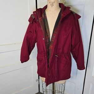 Eddie Bauer Burgundy Plaid Lined Hooded Field Jacket Womens M